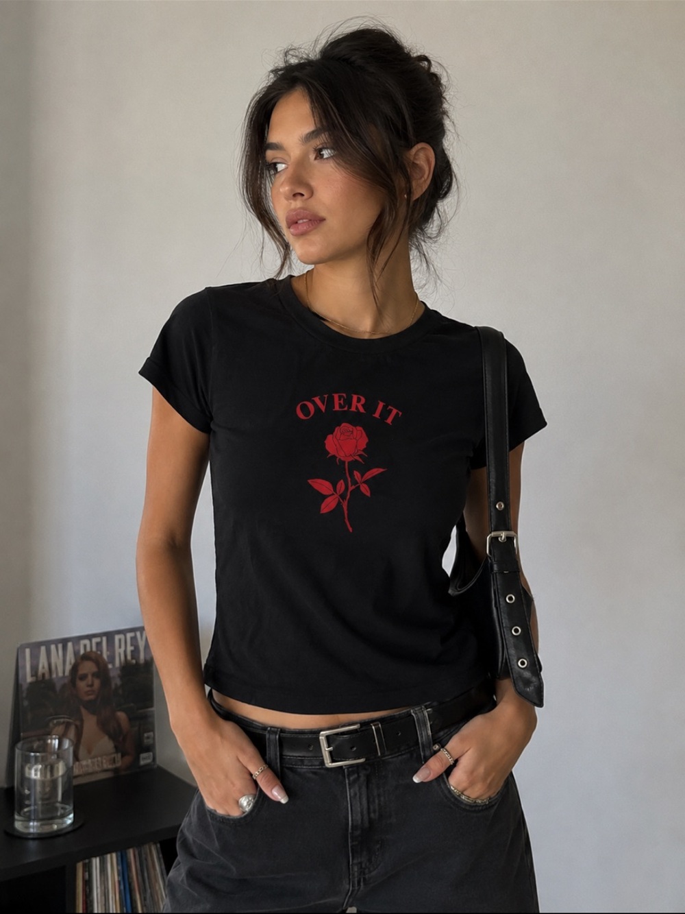 Forever 21 Black Tee with Red Rose 'Over It' Graphic